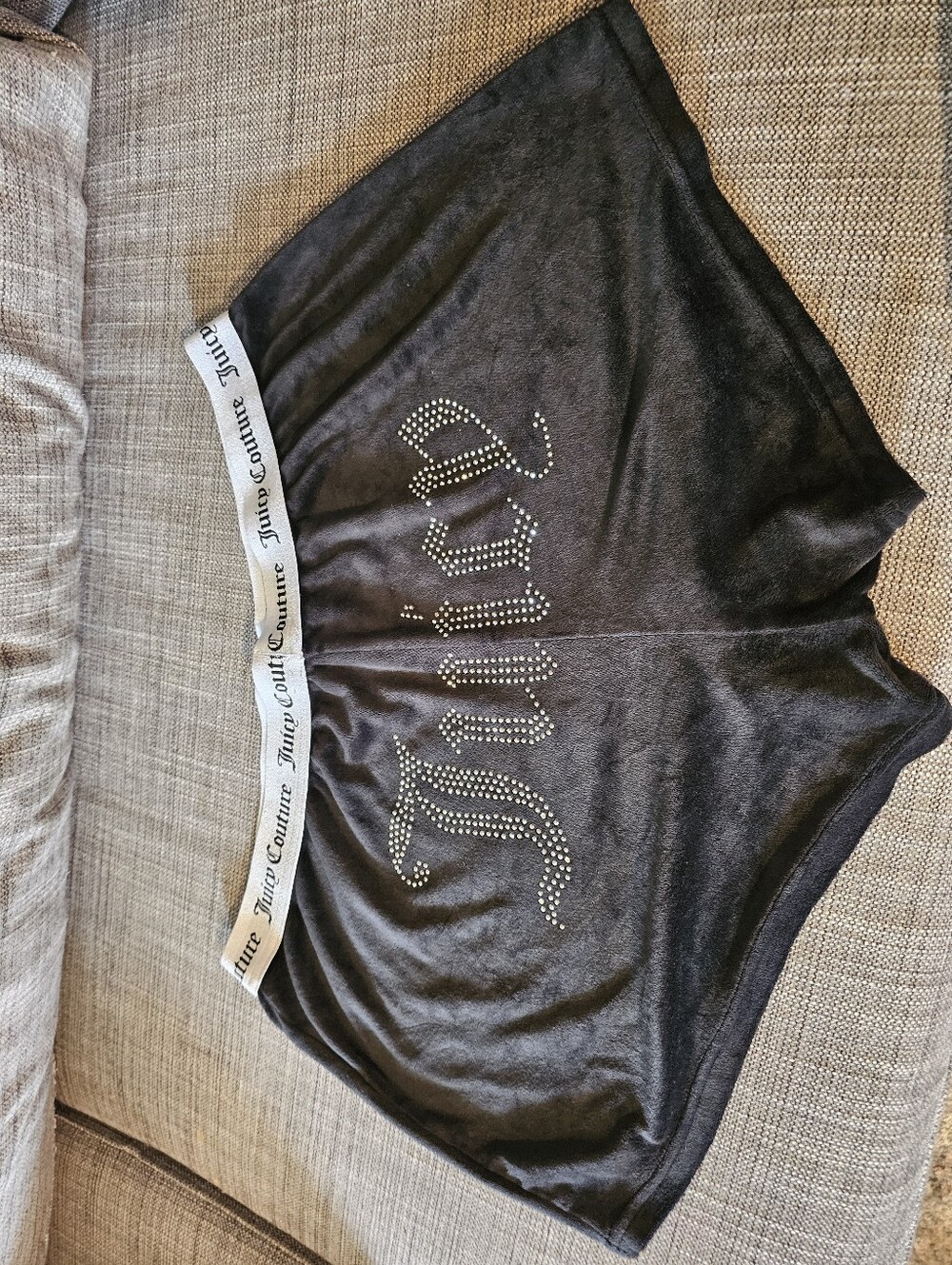 Juicy Couture Black Velour Rhinestone Logo Shorts Y2K Style